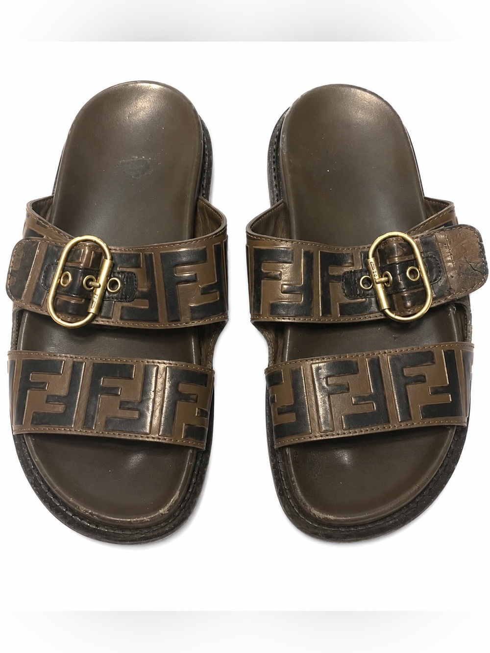 Fendi FF Zucca Logo Double Strap Leather Slides EU 37.5 - Picture 1 of 7